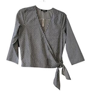 NEW! Madewell Textured Cotton Wrap Top Size XS Blue White Gingham V-Neck